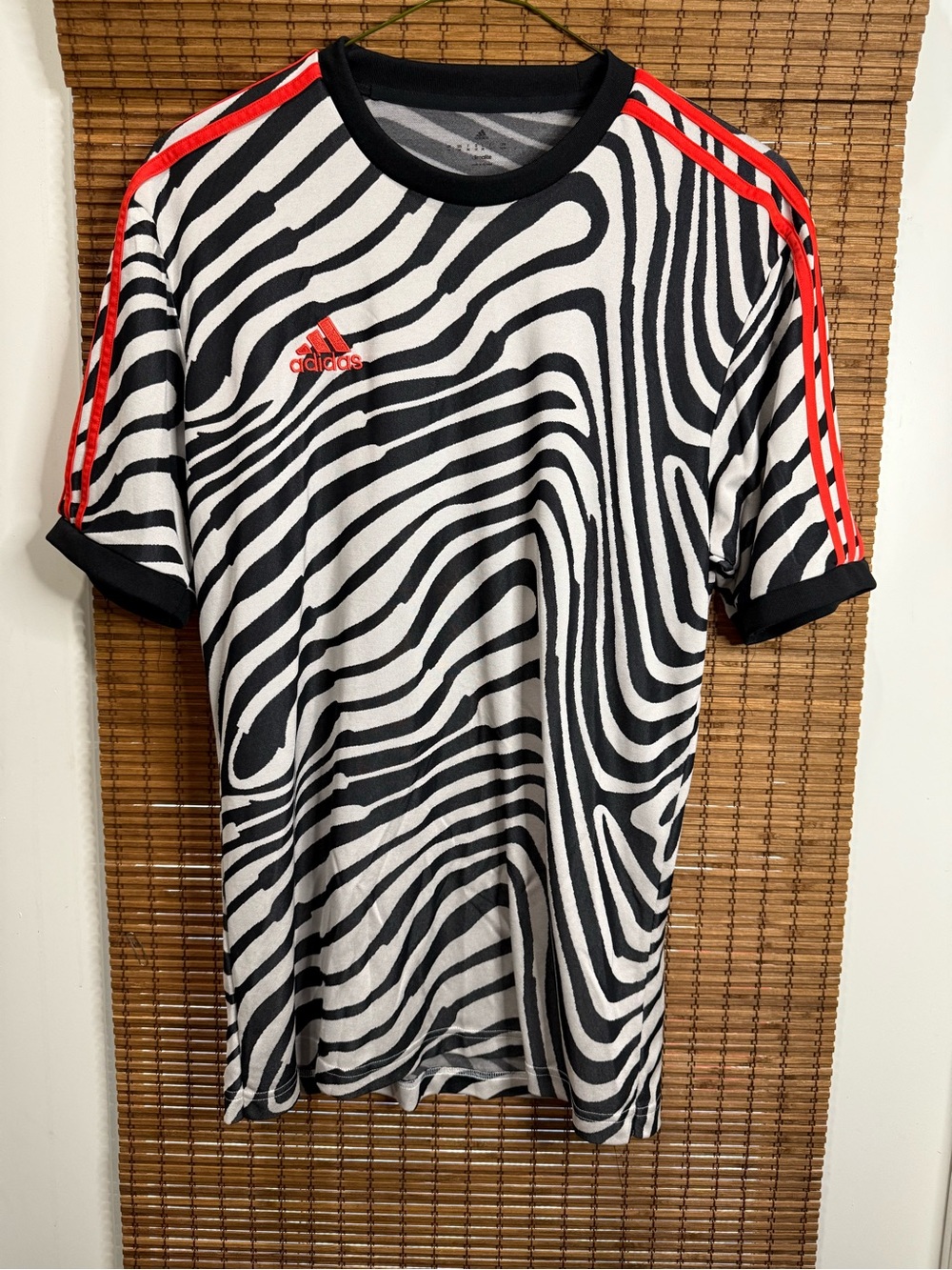 adidas Zebra Stripe Black & White Tee with Red Logo and Shoulder Stripes